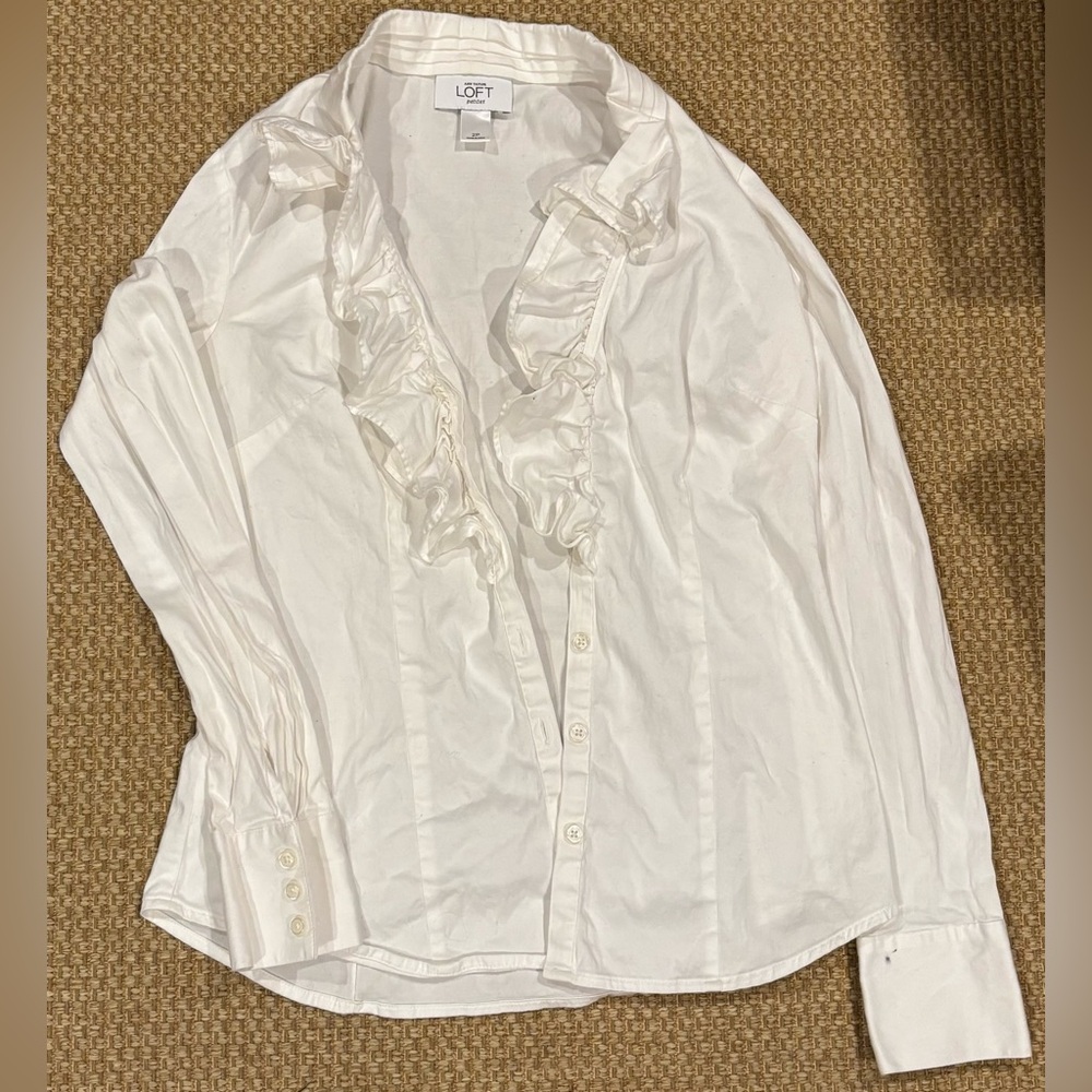 LOFT Women's Cream Ruffle Button Down Shirt
